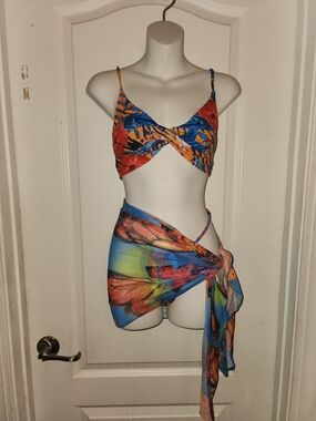 Tropical Floral Blue & Orange Women's Swim Set with Sarong